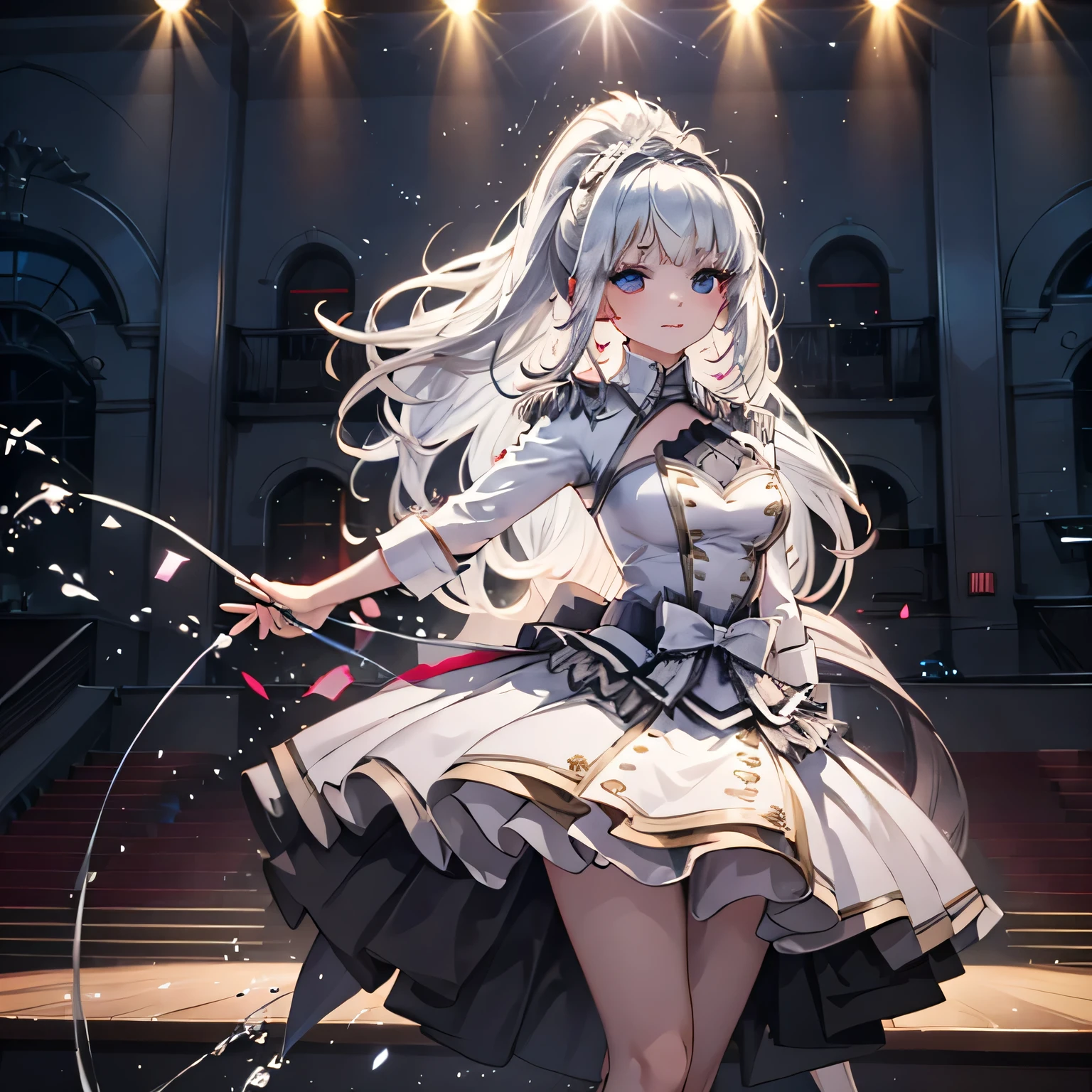 This illustration features a silver-haired girl with medium-length hair playing the drums on stage. She confidently swings the drumsticks, surrendering herself to the music. Her silver hair dances lightly as she exudes a vibrant and energetic presence while performing. The stage lighting illuminates her, and the cheers of the audience echo in the background. The illustration captures the magical moment when music fills the air through her drumming. Her passion and talent shine through the entire artwork, captivating the hearts of those who behold it.