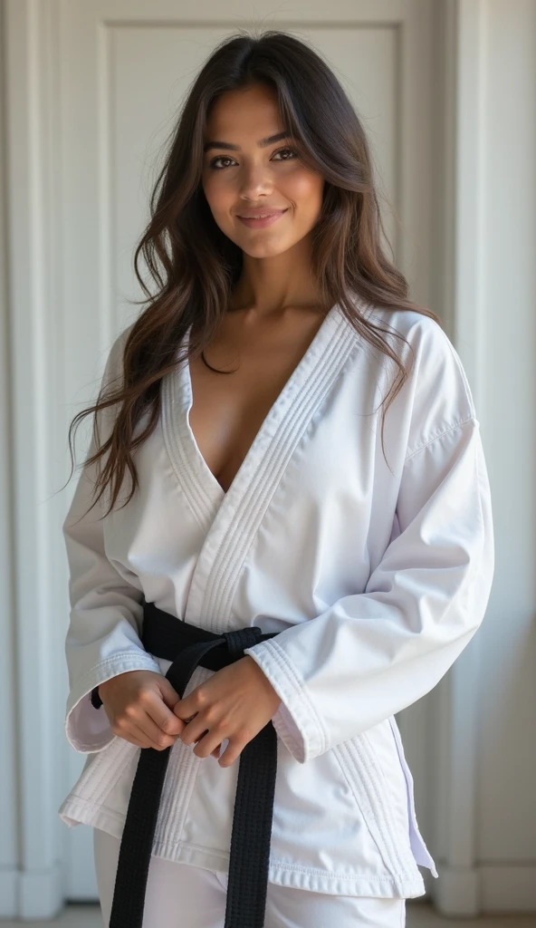 there is a woman in a karate outfit posing for a picture, in a fighting pose, fighting stance, karate pose, confident action pose, fighting pose, in a fighting stance, fighter pose, martial art pose, fighting posture, doing martial arts, wearing a white gi, she is ready to fight, fight pose, in an action pose, posing ready for a fight