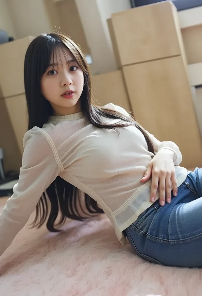 fat woman in white shirt and jeans is lying on the rug, kneeling, kneeling, wearing jeans, korean girl, jeans, korean woman, bending over, interesting pose, slightly bent over, beautiful south korean woman, bending posture, japanese model, tight denim jeans , kneeling and looking up, sexy pose, kneeling, casual pose, side view