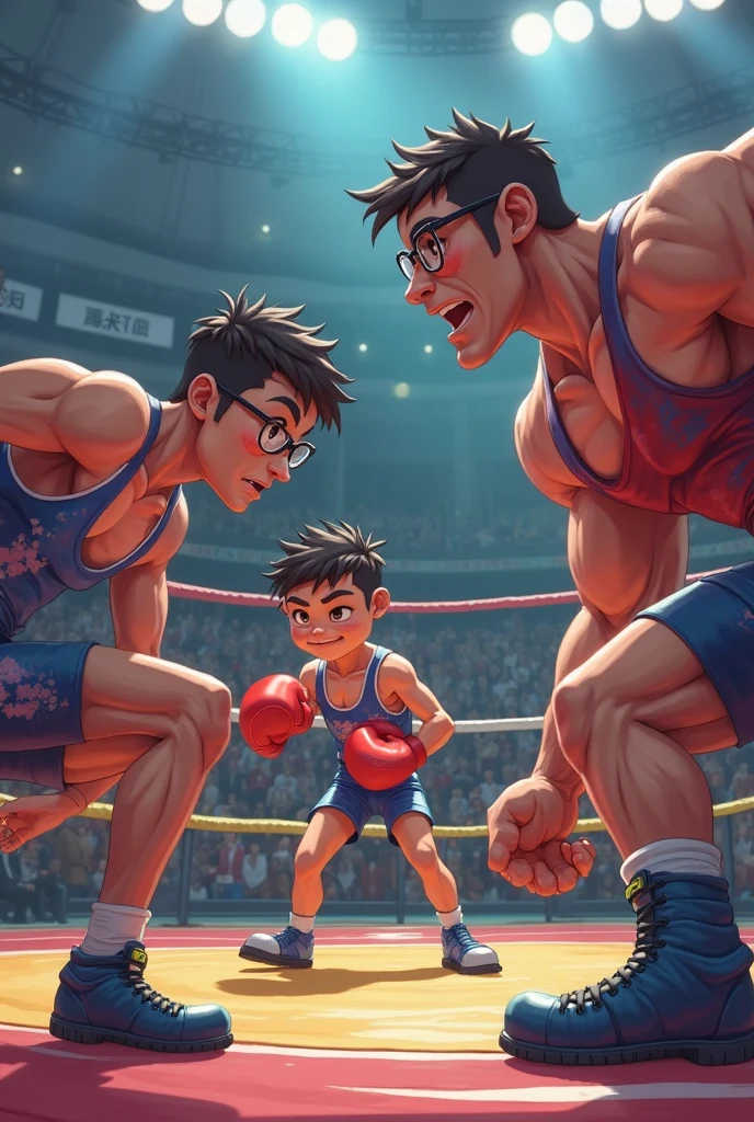 four boys who are boxers harassing a scared boy but it is animated or like a drawing