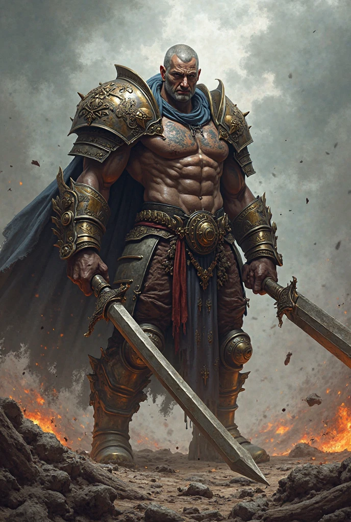 Human man dnd with hate, blood, electric eyes with thunder and lightning, strong, warrior with black sword, with armor,