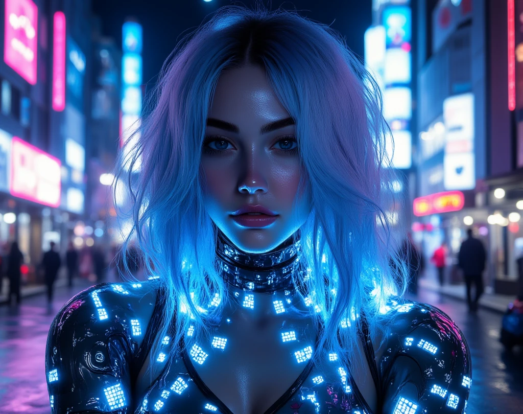 Figure of a woman with blue hair, josan gonzales (Josan Gonzalez) cyberpunk art, Winner of the Behance competition, Afrofuturism, Synthwave, neon, glowing neon