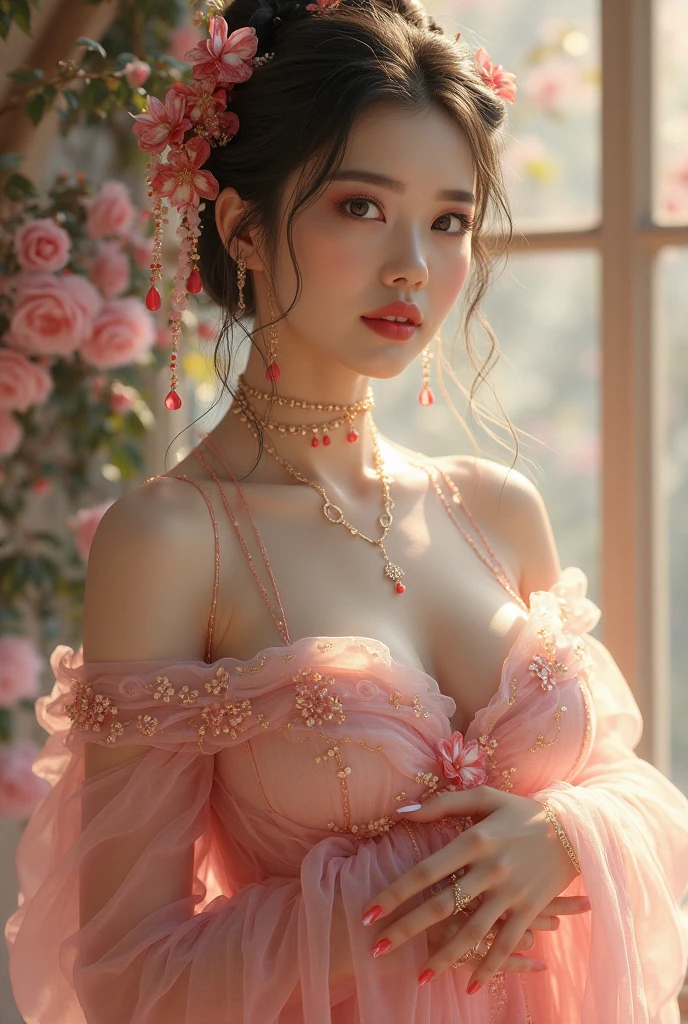 The sentimental Bleeding Heart wears a flowing dress in shades of pink, embodying her tender emotions. Her makeup is soft and dewy, reflecting her sensitive nature, and she poses with hands over her heart, expressing her deep empathy and compassion for others
