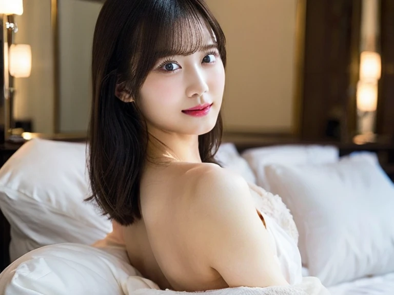 (8K、Raw photography、top-quality、masterpiece:1.2)、(realisitic、Photorealsitic:1.37)、ultra-detailliert、超A high resolution、女の子1人、Riho Yoshioka、(nsfw)、see the beholder、beautifull detailed face、A smile、Constriction、(Slim waist)、(nude、naked:1.3)、Beautiful detailed skin、Skin Texture、Floating hair、Professional Lighting、(on bed、in bedroom、at night)、((small breasts))、Whole human body、black hair、