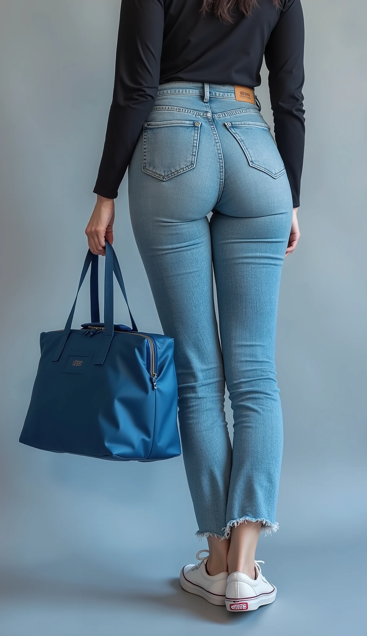 Close-up of the back of a thin Russian woman standing, wearing Levis jeans and (((Vans® sneakers model ultrarange))), holding a basic blue cooler bag, Simple bag e reta, thermal bag with tote bag size, Simple bag, Ecological sabota, nylon thermal bag, simple cooler bag, realistic photo, advertising photo, advertisement image, photo in perspective, Bright colored hole, Photo by Lewis Baltz