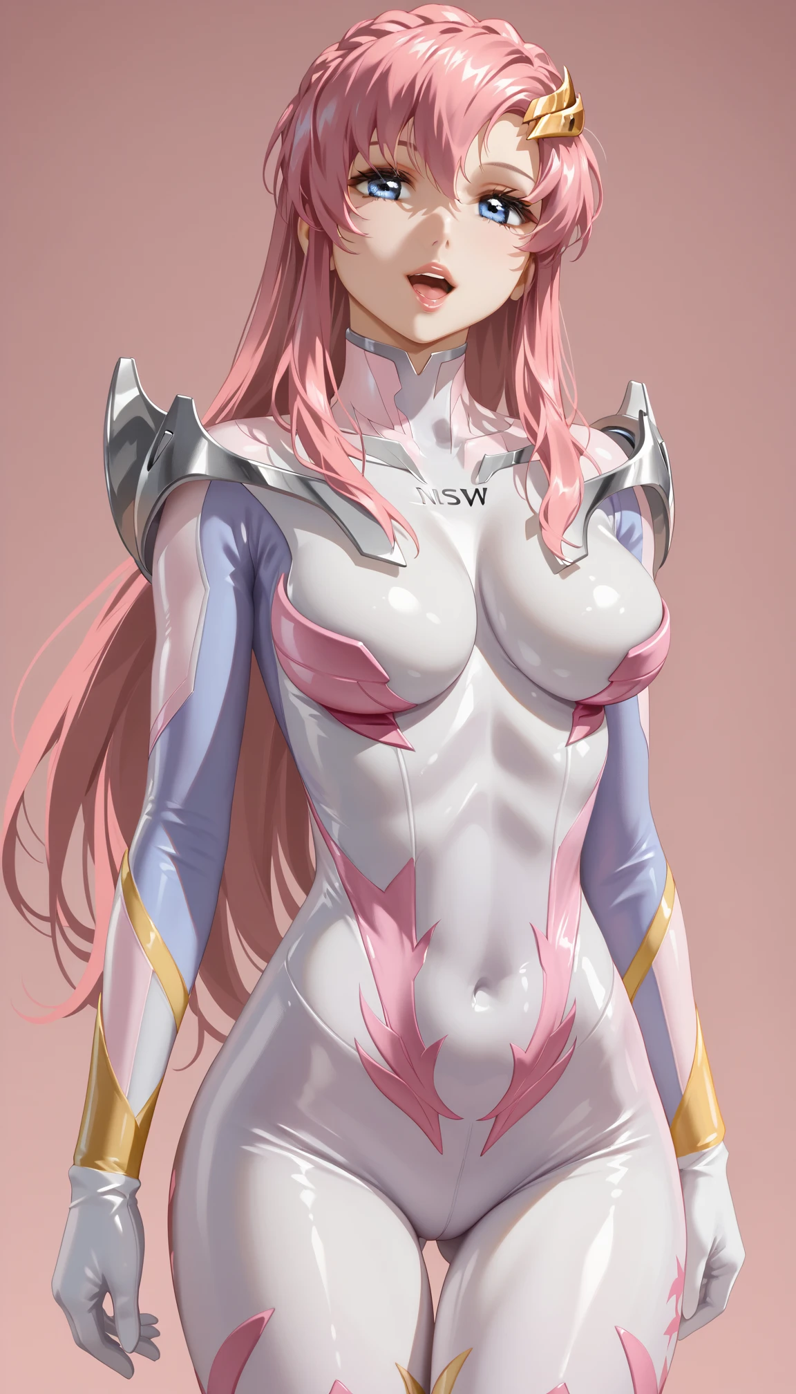 lacus clyne, (white Rubber bodysuit gold and pink lines, bodysuit, white gloves:1.3), , height 1.5meters, chubby 34kg, light purple eyes, (pink hair:1.2), (long hair:1.4), (medium and soft breasts, Slender body, Small Ass:1.4), fair skin, (blue hairclip:1.2), (looking side:1.3), (cockpit:1.3), (leaning forward:1.2), (hands on knees:1.3), starry sky, tele shot, (perfect anatomy), depth of field, delicate details, best quality, anatomically correct, high details, HD, 8k, (perfect hands:1.2),