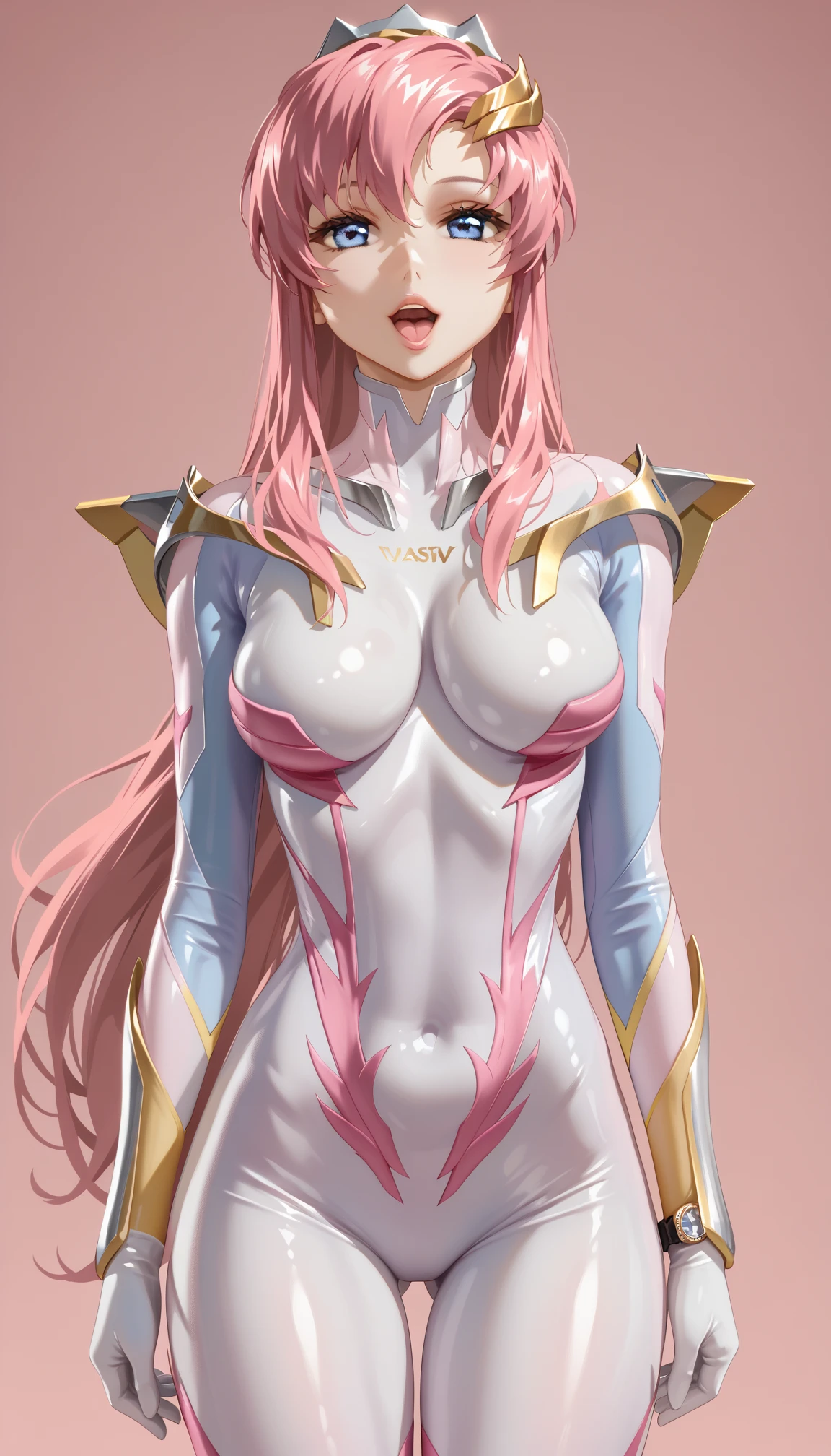masterpiece, best quality, <lora:daji:1>,1girl,smile,open mouth, solo,pink hair,long hair,very long hair,facial mark,green eyes, hat,leotard, highleg leotard,grey background, (kbxll:0.6)