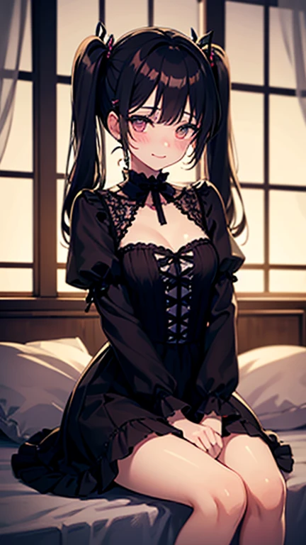 (extremely detailed CG unity 4k wallpaper),(masterpiece),(best quality),(ultra-detailed),(best illustration),(best shadow),(absurdres),(detailed background),Cute femboy, Long pigtails, Goth, Black eyeliner, Short gothic dress, Sitting, shy, blushing, black stocking,