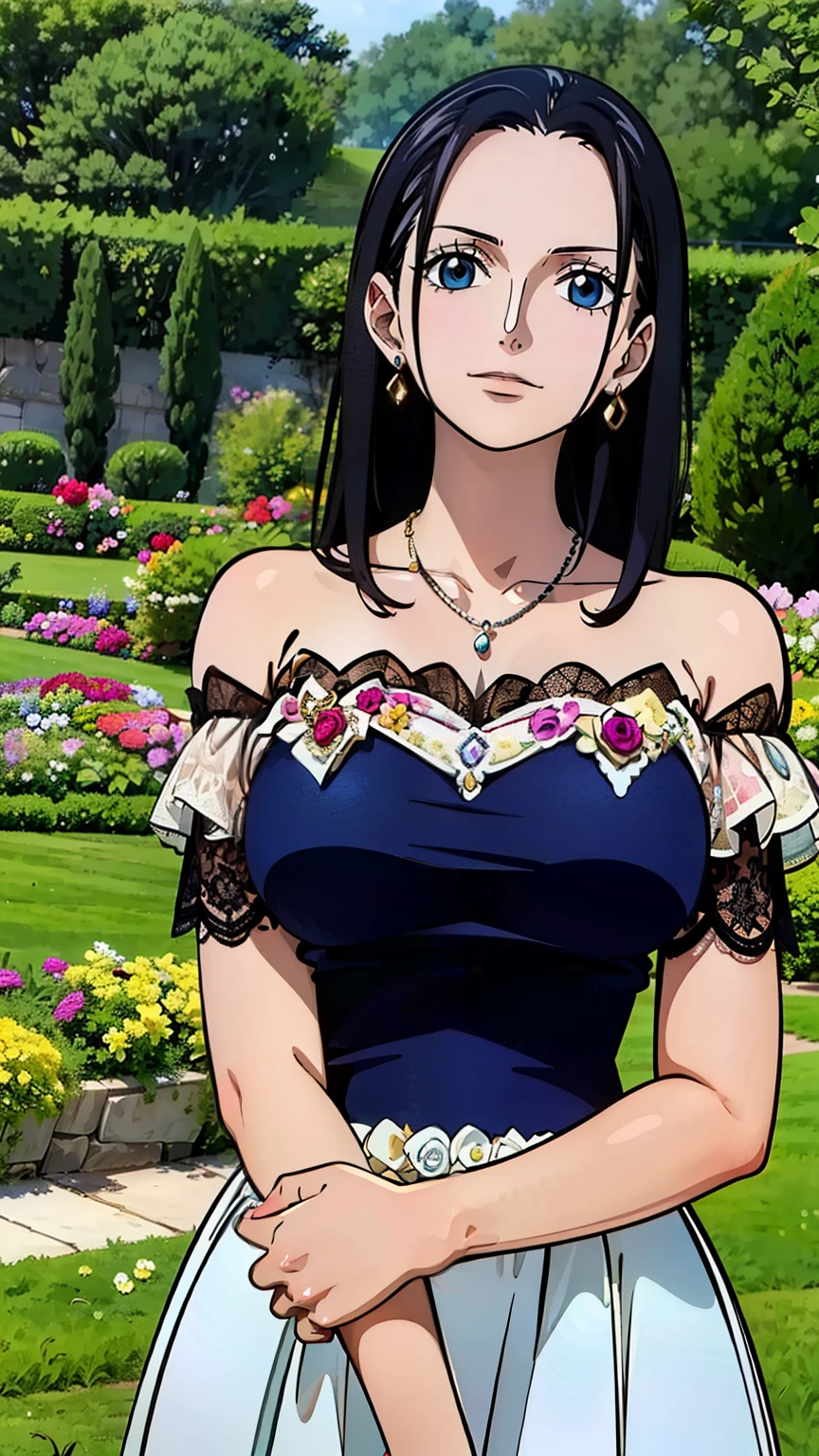 (masterpiece, best quality, high resolution, 8K:1.2), anime coloring, detailed, from one piece, one piece style, Nico Robin, mature woman, 30 years old, woman with long black hair, big medium breasts, calm and collected, happy expression and laughing, soft look, beautiful face, perfect hands, nffsw, nffsw, (blue dress, off shoulder dress, lace-trimmed dress, bare shoulders, frills), earrings, pendants, (garden), (cowboy shot:1.2), looking at the viewer, dutch angle,