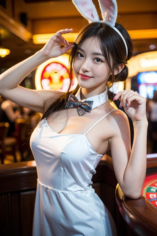 in 8K, Velvet bunny costume, velvet, bunny girl, Chest close-up, Ultra realistic bunny girl, Bokeh background, bokeh feeling, Bunny girl taking a break in the background, Japanese, Smile, Sorrisos, Happy Eyes, shiny white skin, girl cute, Coarse fishnet stockings, High heel, huge breasts, cleavage breasts, White choker and black bow tie around neck, White cuffs on wrist, Black One Piece, Control room, Upper body close-up