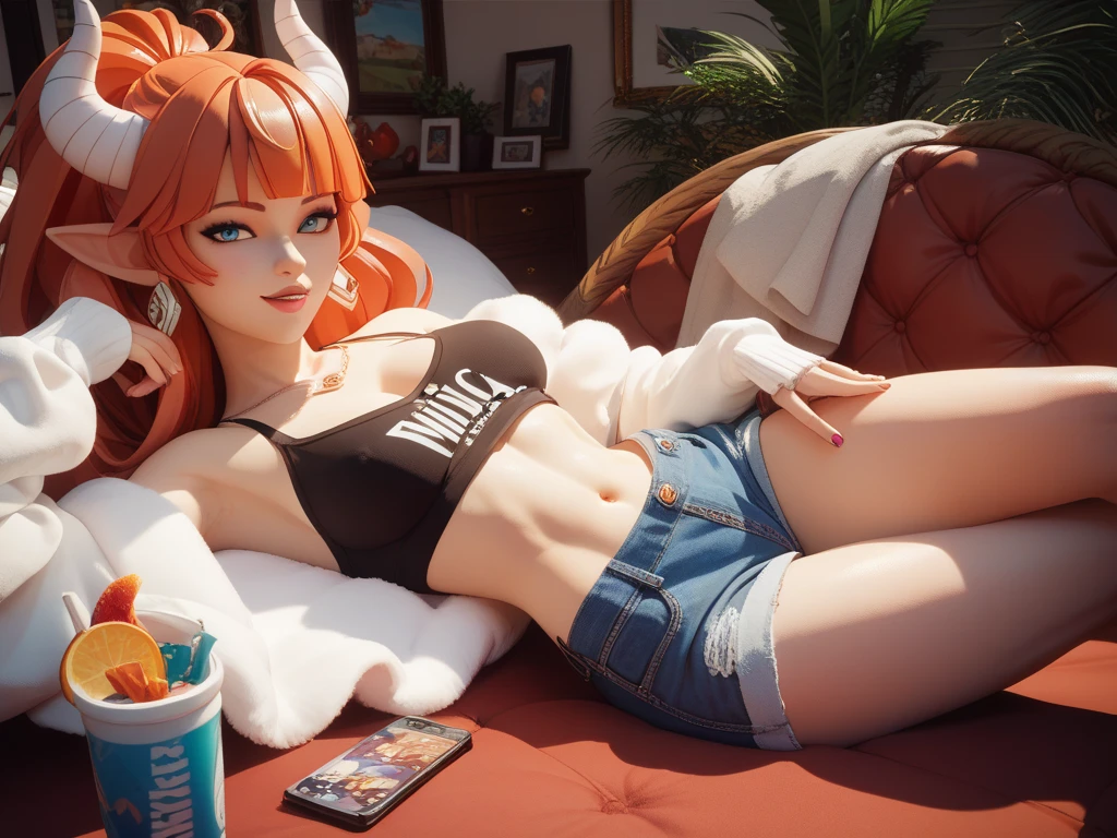 (masterpiece), best quality, perfect woman body, body focus, texture skin, red lips, orange hair, blush, chin-down shot, from above, close camera, spring clothes, denim shorts and open black jacket, white Bandeau bra, fantasy gardem, NSFW