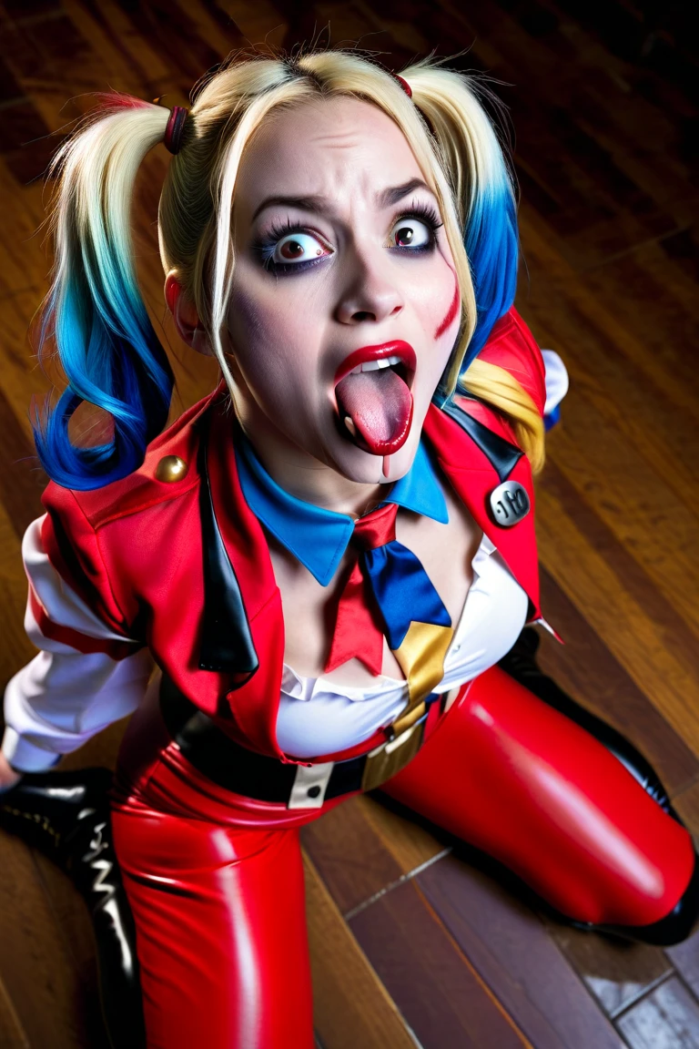 "Create an image of a dynamic and intense comic book character, resembling Harley Quinn, in a vivid and chaotic urban battlefield. The character has a pale face with exaggerated makeup: blue eyeshadow on one eye and red on the other, with matching blue and pink pigtails. She is dressed in a tight, shiny, red and blue jester costume with a white ruffled collar and pom-poms. She is wielding a giant candy cane like a weapon, holding it across her shoulders with a mischievous, wide-open grin. The background features a cityscape in disarray, with exploding cars, flying playing cards, and debris creating a sense of action and chaos. The image should be vibrant, with sharp contrasts and a surreal, high-energy feel."