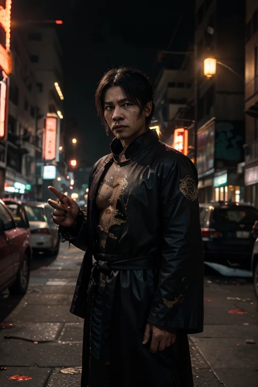 A sarcastic anti-hero in a red and black costume, wielding dual katanas and a gun, standing confidently amidst urban chaos. The character has a masked face with expressive white eyes, in a dynamic action pose, blending comedy and intensity. The background features a destroyed city street with debris and small explosions. The overall scene is vivid with dramatic lighting and a comic-book feel. Highly detailed, hyper-realistic, vibrant colors.