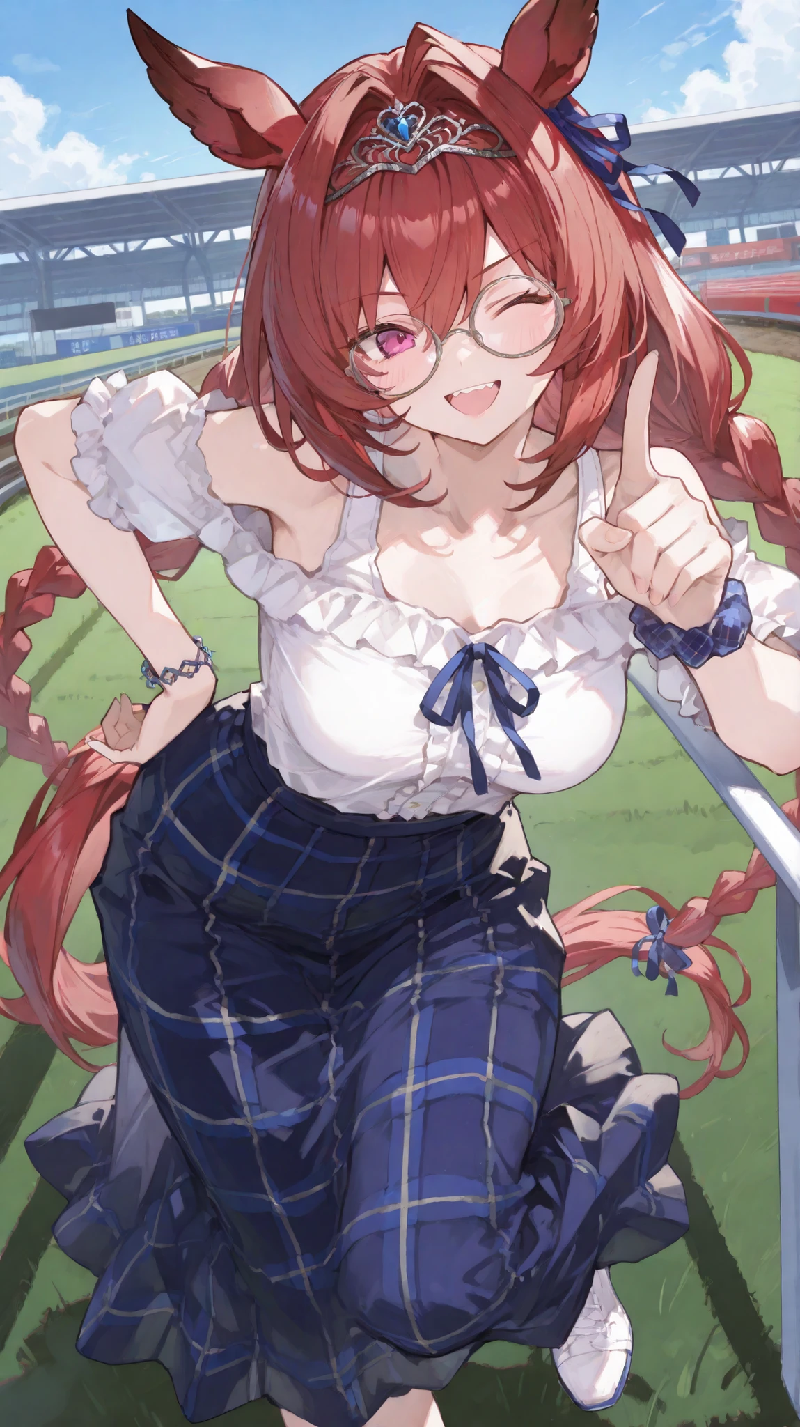 {{{masterpiece}}}, {{{best quality}}}, {{ultra-detailed}}, {illustration}, {{an extremely delicate and beautiful}},ダイワスカーレット,1 girl,full body,looking at viewer,racetrack,long hair,low twin braids,tiara,happy,one eye closed,(tsurime),round glasses,double teeth,large breasts,horse ears,horse tails,white tank top,off-shoulder white blouse,blue plaid (((long skirt))),(red) hair ribbon,blue ribbon bracelet left hand only,clothed,standing on one leg,finger pointing,put one hand on hips,in granblue fantasy style,