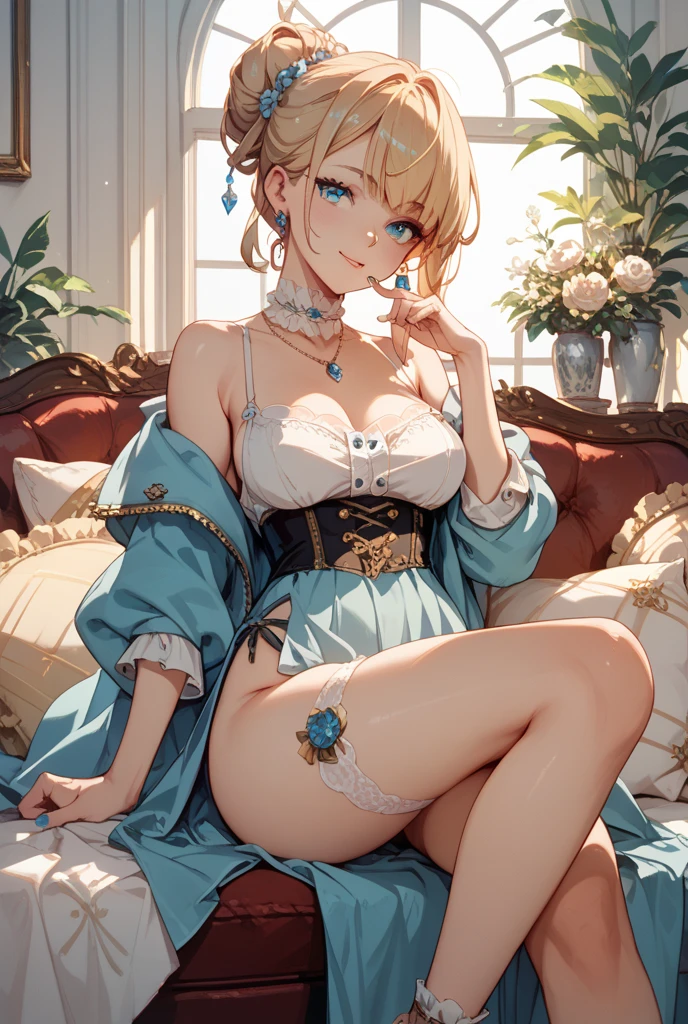 (Highest quality, 4K, 8k, High resolution, masterpiece:1.2), Very detailed, Picturesque, Anime style photo, Photo Anime:1.37)、a beautiful japanese woman standing by bedroom、blonde hair、short hair、gyaru、tan、bikini tan lines、(((completely naked)))、pierce、necklace、bracelet