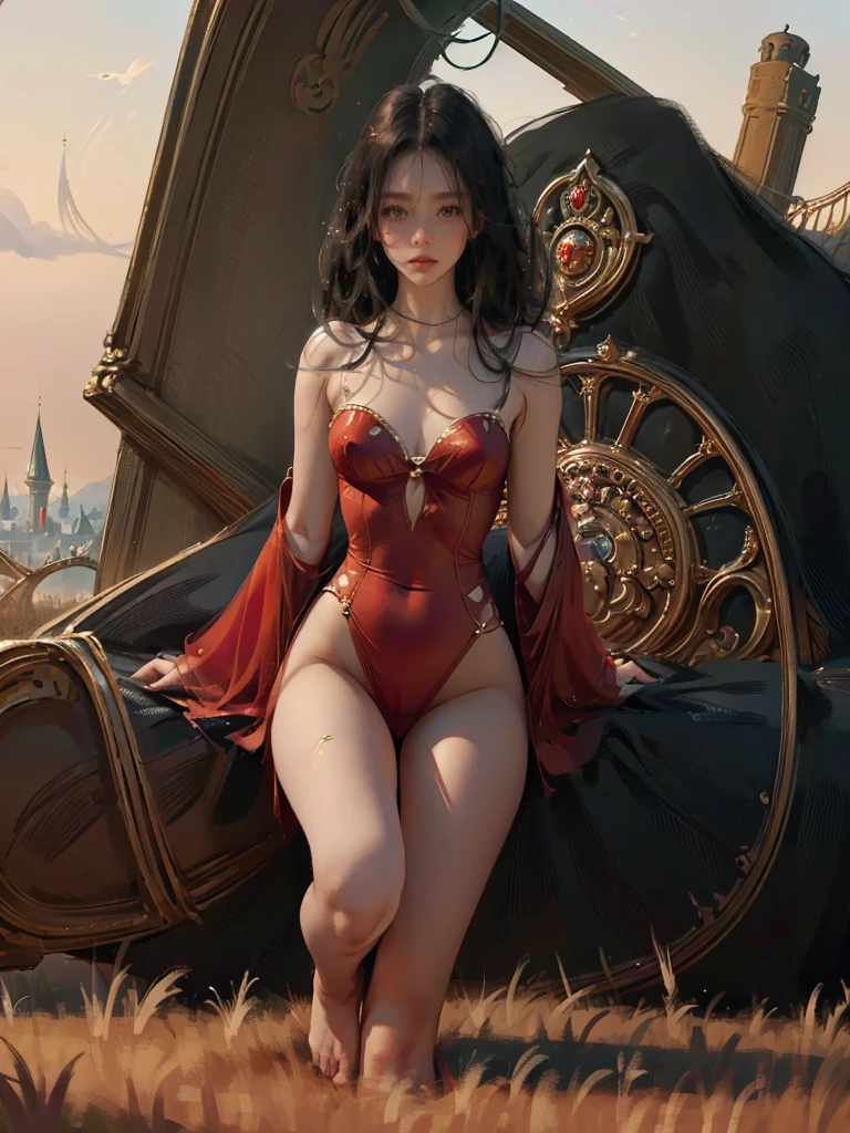 ((aeolian)), 1 girl, beautiful face, Princess, (wearing a red gown with no underwear), very long black hair, slim body with long legs, shiny skin, castle background, wearing high heels, full body view, sitting on throne with legs pulled up against her chest