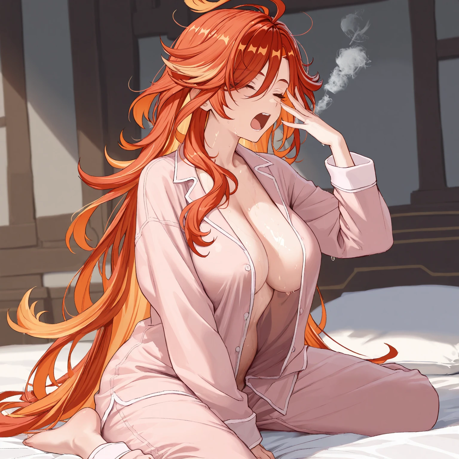 long orange hair, green eyes, pajamas, large cleavage, pale skin, waking up, in bed
