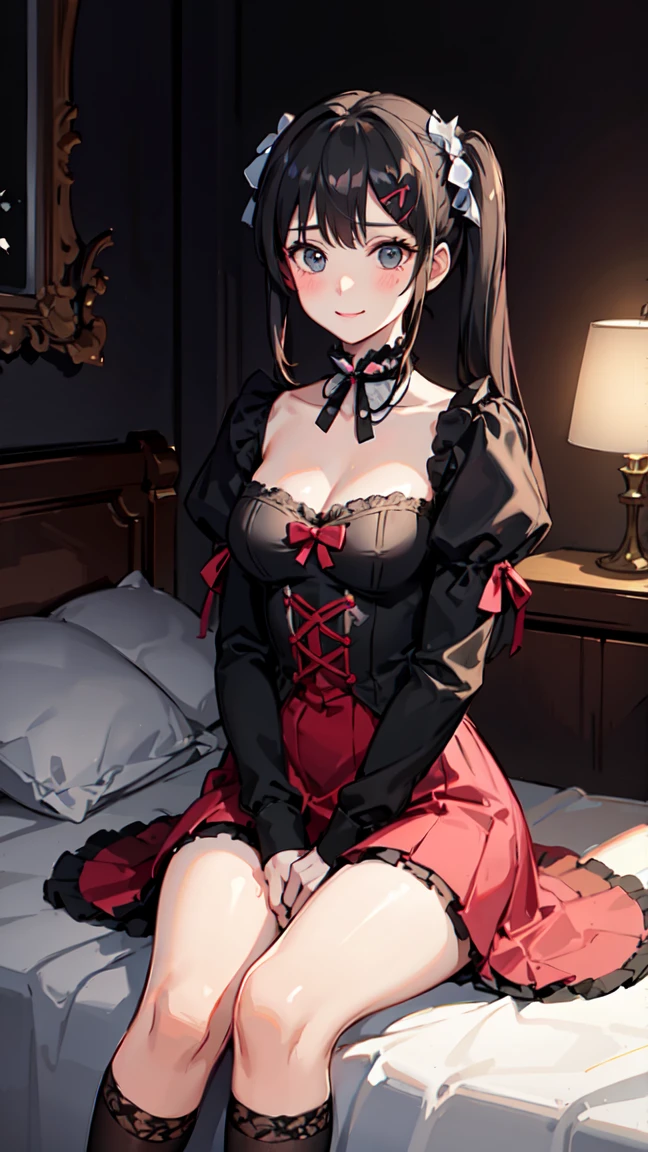 1 girl, Chiori \(genshin impact\), Alone, lying down, View from above, choker:1.6, White long sleeve shirt with long sleeve collar, black leather corset, black gloves that cover your hands, shiny black leggings, looking at the viewer,, inside, depth of field, expressionless, at night
