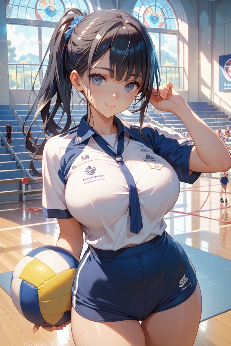 nsfw,highest quality、In 8K、masterpiece、Hmph、超A high resolution、RAW Photos、(Photorealistic:1.3)、Natural soft light、(Depth of written boundary)、Slender、(whole body:1.2)、From behind、Detailed face and eyes、Realistic students、Sharp pupils、Inside the gymnasium storehouse、(Dynamic action poses、play volleyball)、Beautiful Face、Beautiful girl of 36 years old、Glowing Skin、ponytail、Beautiful black hair、Red Eye、(blush:0.7)、Embarrassed face、Sweat、Sports bra and panties、(Thighs Thighs Thighs Thighs:0.8)、Hips、(Huge Breasts:1.4)、Grabbing her chest、Erect nipples:1.2、Small nose、Small Nose、During vaginal SEX