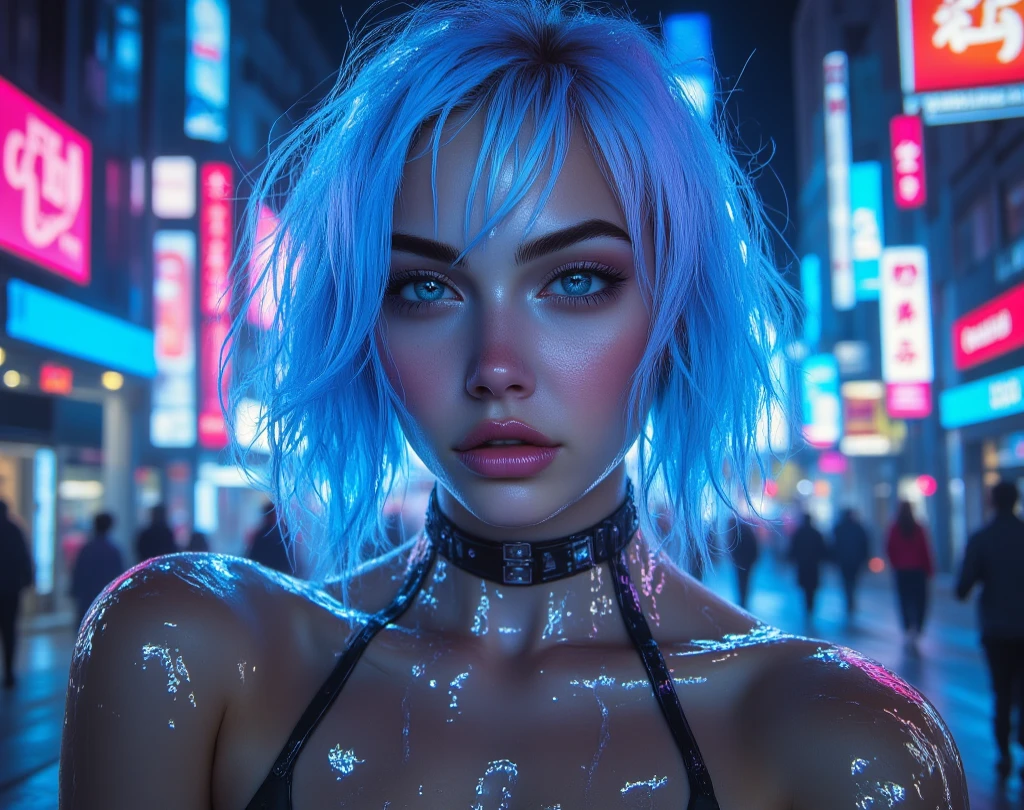 portrait, 1 girl, beautiful face, asymmetrical hair, multi-colored hair, belt, bodysuit, covered mouth, covered navel, detached sleeves, grey eyes, hip vent, open jacket, cute, look at viewer, night city, neon, rainy,