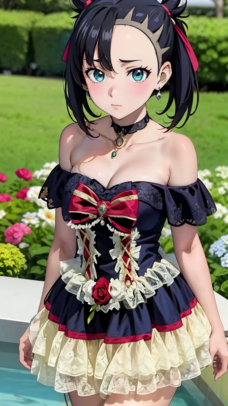 Marnie Pokemon, Marnie \(Pokemon\), blue-green eyes, green eyes, black hair, medium hair, asymmetrical bangs, black choker, red hair ribbon, earrings, black nail polish, (small breasted), (masterpiece, highest quality, highly detailed, 8k:1.2), (anime coloring), Perfect eyes, detailed eyes, 
Ecchi anime style, anime girl, Ecchi style, digital anime art, anime style, official artwork, visual novel CG, beautiful anime girl, anime style 4K, nffsw, nffsw, (blue dress, off shoulder dress, lace-trimmed dress, bare shoulders, frills), earrings, pendants, (garden), (cowboy shot:1.2), looking at the viewer, dutch angle,