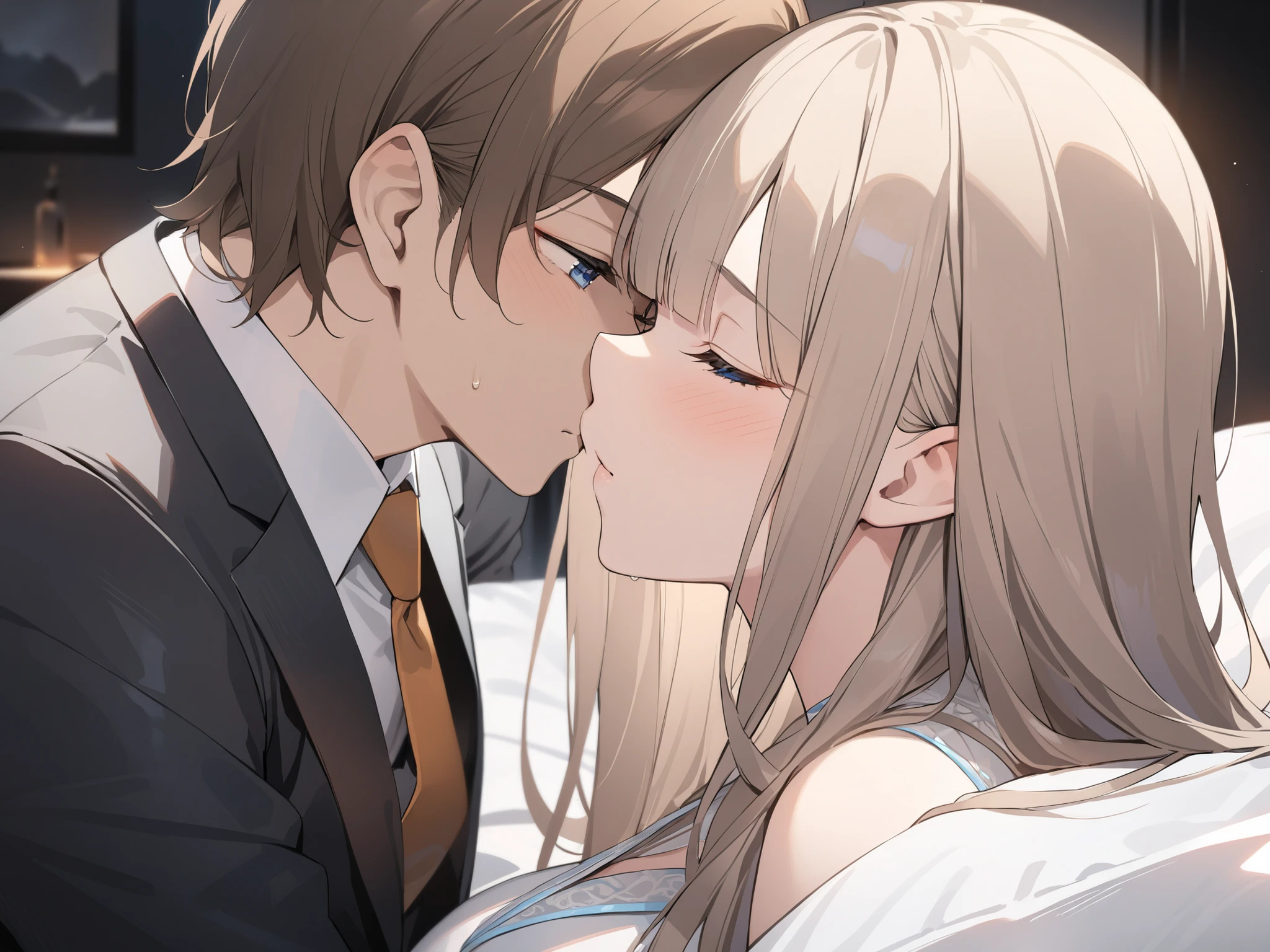 heavy blunt bangs 、 length hair、whitish ash brown colored hair、blue dark eyes 、princess cut、eyes closed on a black bed、dark room、suit、face-to-face、masterpiece、Highest Quality、uncensored