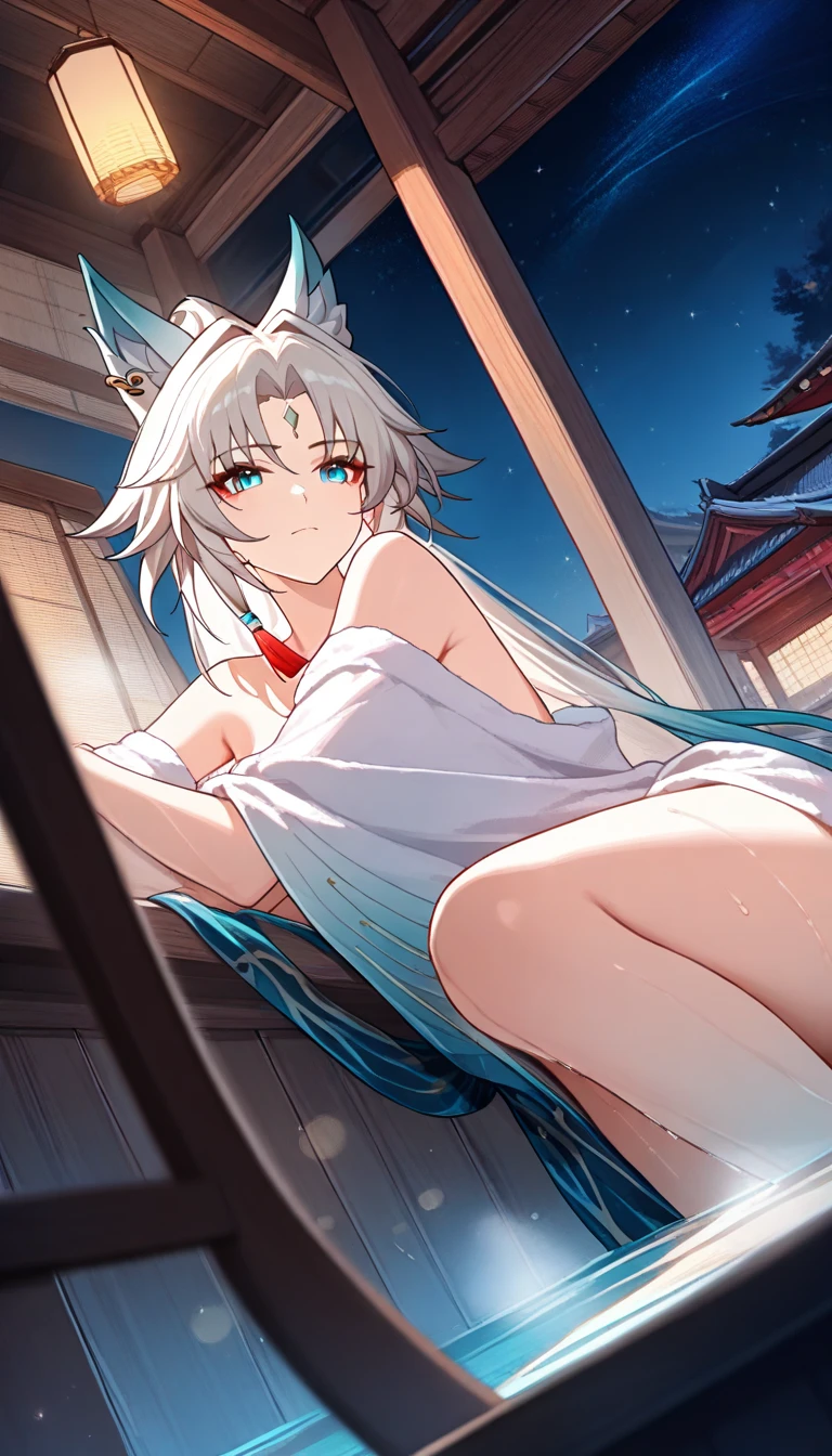 one girl, Shirakami Fubuki, fox ears, white hair, yukata, lying on futon
