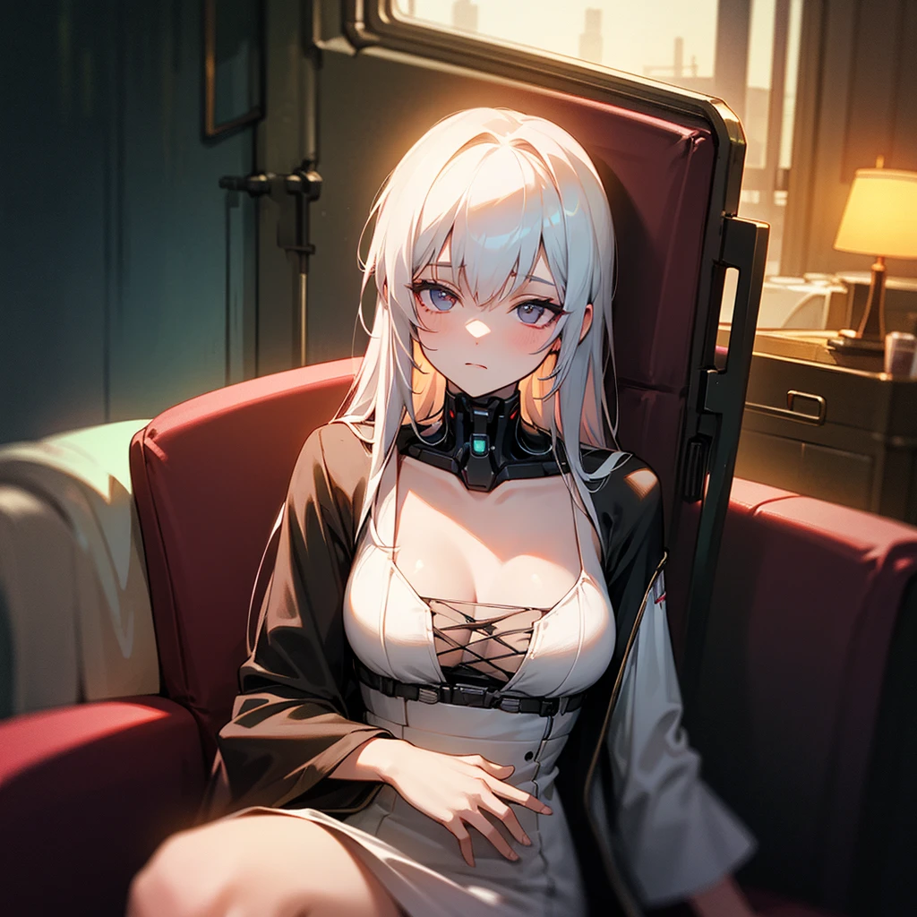 white color hair，long whitr hair，Red coat，Lori huge breasts cleavage，Barefoot，tmasterpiece，Highest image quality