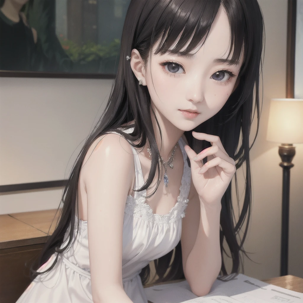 a close up of a person standing in front of a mirror, long hair with full bangs, she has black hair with bangs, the hime cut, lalisa manobal, long hair with bangs, with full bangs, bae suzy, with bangs, white hime cut hairstyle, lalisa manoban of blackpink, neat hair with bangs, brown long hair with bangs