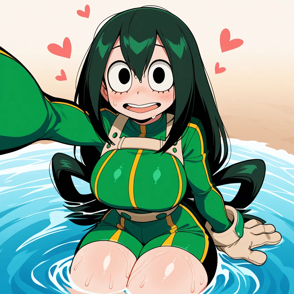 score_9_above, score_8_above, score_7_above, cowboy shot, 1 girl, asui tsuyu\(Boku no hero academia\), green fur, very long hair, Long hair tied low, tied hair, black eyes, Wide hips, medium breasts, smiling, (completely naked), (exposed breasts) naked fountain_cheered up, cheered up style, (destroyer city), (angry)