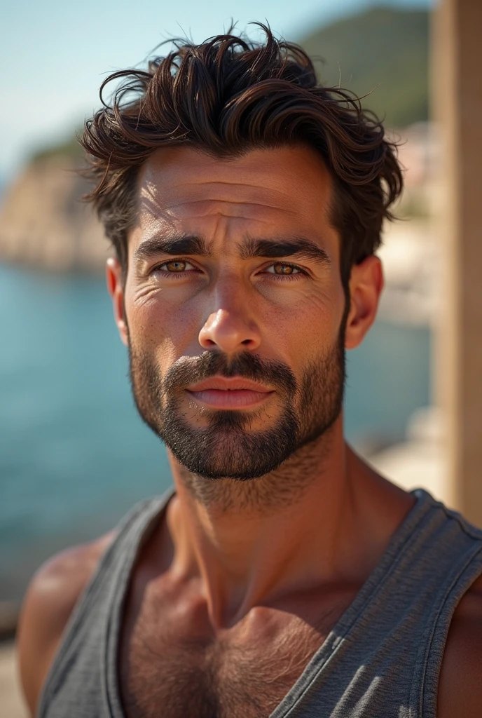 masterpiece, best quality, high resolution, closeup portrait, male focus, solo focus, A man, 40 years old, grey hair, in speedo, grey silver hair, messy hairstyle, cute and seductive face, bare chest, body hair, facial hair, roman nose, very skinny body, hairy legs, cute, dimples, goatee and mustache, bold jawline , sweaty, in the background a beach on a cloudy day, view from below, amazing composition, front view, HDR, ultra quality, elegant, highly detailed, fully naked, erect male penis, beautiful penis, male genitalia, hard penis, hard cock