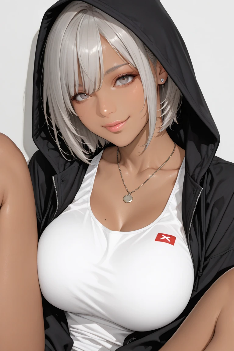 <lora:SoMi:0.7> Somidef, white hair, yellow eyes, short hair, dark-skinned female, upper body
masterpiece, best quality 
<lora:blacked_underwear_v1.9:1> sports bra, thong, blacked