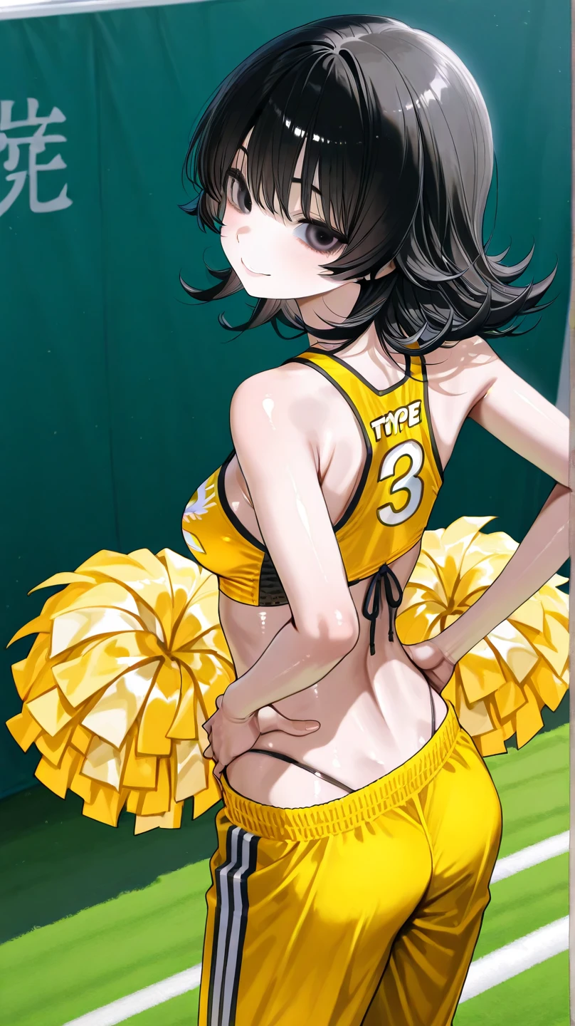 gloria, underboob, super short skirts, pretty face, beutiful face, brown hair, yellow eye, short hair, futanari, big penis, sports, flaccid penis, cheerleading clothes, cheerleader, cheerleading