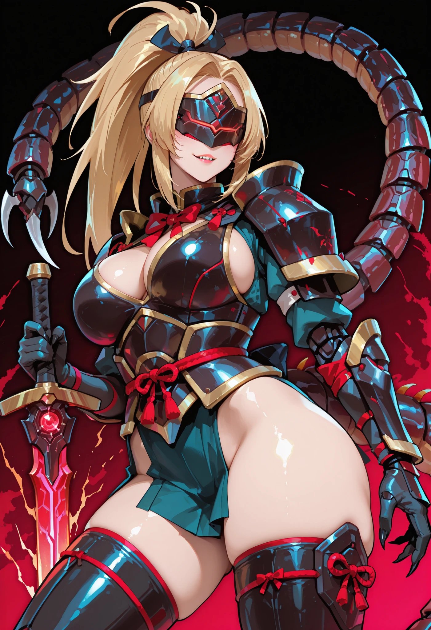 Samurai girl. Visor. Black and red armor. Blonde hair. Ponytail. Large breasts. Thighs. Red sword. Sharp claws. Glowing core. Multiple centipede tails. Mechanical centipede tail.