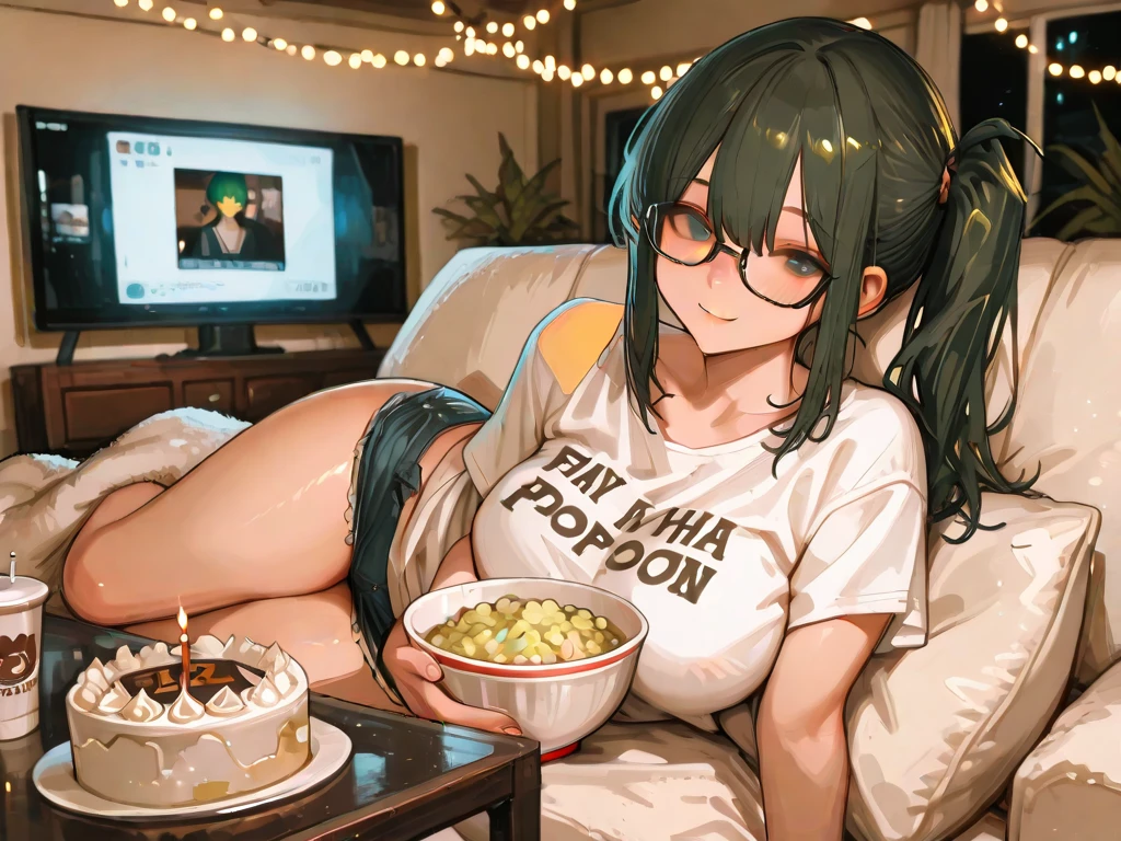 best quality, perfect anatomy, solo, 1girl, green eyes, @_@, bags_under_eyes, skin fang, dark blue hair, brown skin, long hair, messy hair, parted bangs, long sidelocks, ponytail, freckles, ahoge, medium breasts, plump, absurdres, neet, computer_trash, cans, bottles, dark, micro bikini, livestream, LOOKING AT VIEWER, pubic stubble, sitting, eating, noodles,