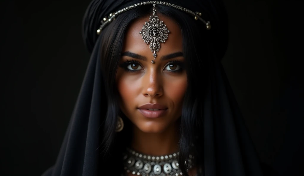 ((Ouarzazate in background)), photo of alluring Abigail beautiful woman sparkling splashing rainbows, ((bright eyes)), super long braids, glistening, dripping exotic jewelry, iridescent, hooded abaya (masterpiece) (best quality) (detailed) (8k) (HDR) (wallpaper) (cinematic lighting) (sharp focus) (intricate)