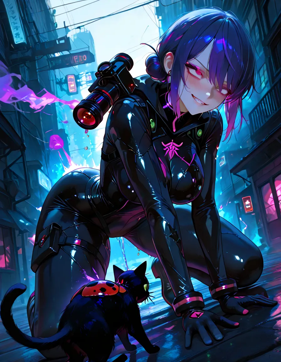 ((Sci-fi black plug suit with realistic neon lightetal mechanical parts、Robot tentacles with neon lights)),, skinny, solo, 1 woman, Masterpiece, highest quality, highest quality, 16K, incredibly absurd, highly detailed, 2.5D, ai-generated, delicate and dynamic, very delicate facial expressions, delicate eye depiction, erotic, only sexy woman, ((A cute and kind face)), healthy figure, ((25-year-old woman)), 160cm tall, medium firm swaying bust, black eye, blush, Sweat,Embarrassed,sexy, ((thin thighs)), shiny and lustrous, Dynamic poses, sexy poses, (A bright sci-fi background, set in a futuristic city),