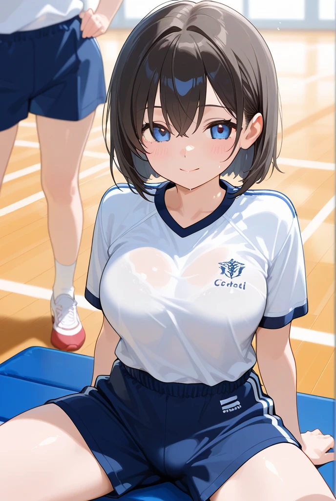 masterpiece, best quality, highres, aanene, short hair, buruma,gym uniform, standing, cowboy shot, outdoors, ahegao,nsfw,