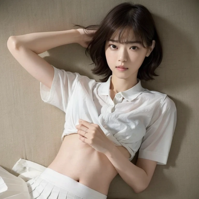 highest quality, masterpiece, figure, (realistic, photo-realistic:1.37), wonderful, finely, incredibly absurd, huge file size, Super detailed, High resolution, Highly detailed CG Unity 8K wallpaper, highly detailed eyes and face, ray tracing, 1 girl, beautiful japanese girl, brown short hair ,dress shirt, no skirt, white panties,squat, (spread your legs), shiny skin, shy smile, put your hand on your waist,