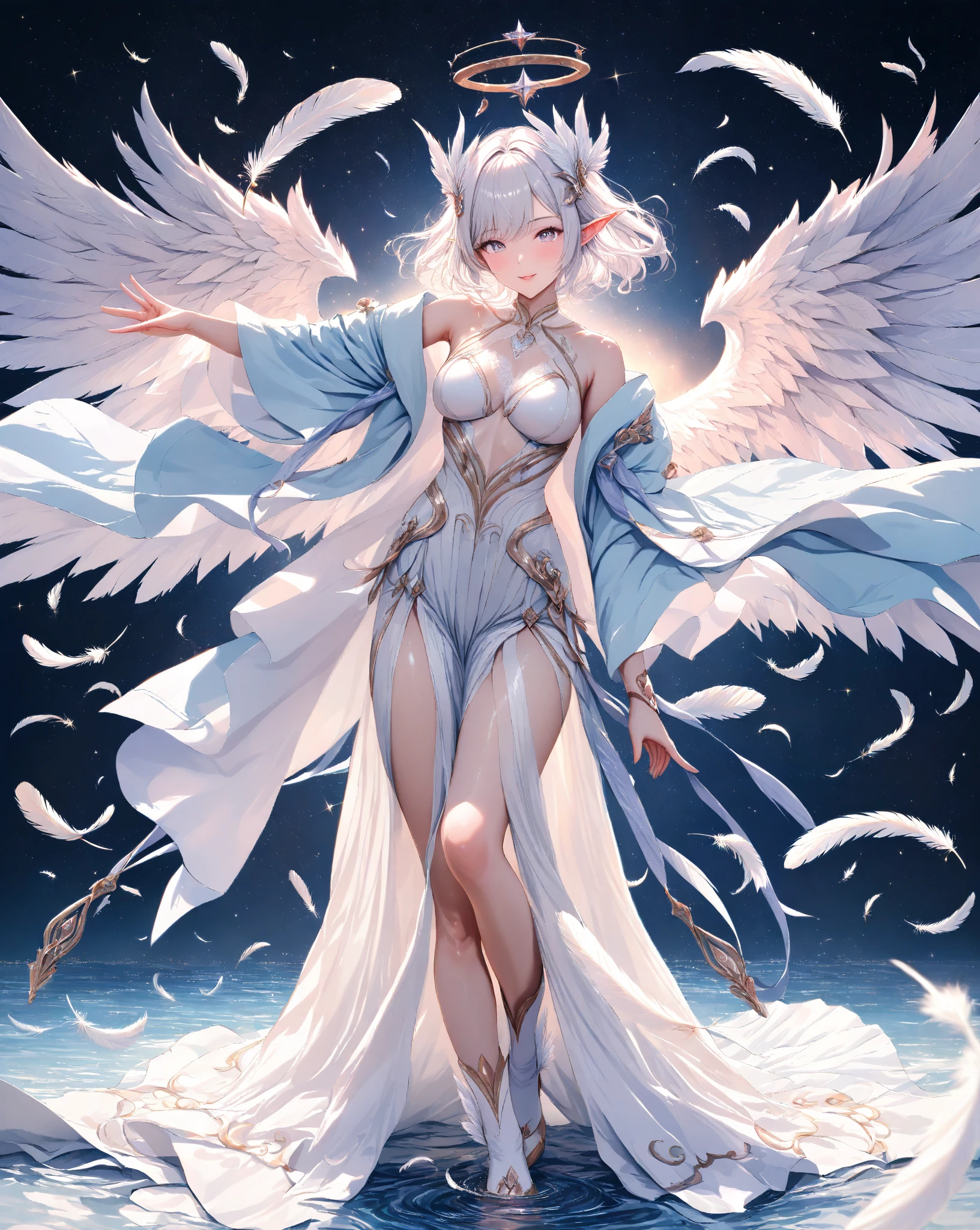 Woman in transparent dress,Viewer,(((Full breasts, Keeley University))),Slim waist,(Navel exposed,Bare waist), Long hair, extreme detailed details, Detailed fantasy art, Stunning character art, Beautiful and exquisite character art, Beautiful transparent dress, Very detailed, Girl wearing flowing Hanfu, Exquisite headpieces and jewellery,Crystal jewelry filigree, galaxy, Stunning visuals, (Dynamic Stripes, light rail:1.2), Vibrant colors,Long hair动漫女孩和狐狸, 美丽的白金色Angel女士, 白毛Angel, Beautiful character painting, Beautiful anime portrait, Angel翅膀的女孩, a beautiful Angel woman, Mystical artwork, Guweiz, by Ren Renfa, Angel, Large Breasts,Full breasts,Golden ratio figure,Perfect body,Ultra wide-angle shooting,Full body shot,Body close-up,Full body shot,Wearing a pleated tulle skirt,Soft anime illustration, Soft dark background,Fujifilm XT3 Clear focus, f 5.6, High Detail, Clear focus, Dramatic, (Wearing openwork clothing), (Looking at the audience:1.8), (Natural light), (Tempting)translucent, Good velvet quality, Compared, Divine Light,, Silver gray hair, Sky background, Absolute Strength,女性Angel,Girl in sexy silk,,Large Breasts,Full breasts,Golden ratio figure,Perfect body,Ultra wide-angle shooting,Full body shot,Body close-up,Full body shot, Wearing a tulle dress, Model shooting style, Large Breasts,Full breasts,Golden ratio figure,Perfect body,(Extremely detailed CG 8k wallpaper unit), The most beautiful artistic photos in the world, , 8K Ultra HD, ) On the big white bed,Lazy gesture,Charming and seductive expression,best quality,masterpiece,Ultra-high resolution,(Practical:1.4),original photo,Ultra-high resolution,White skin,Exquisite makeup,Long legs,Bright beautiful eyes,用深色眼影打造Exquisite makeup,