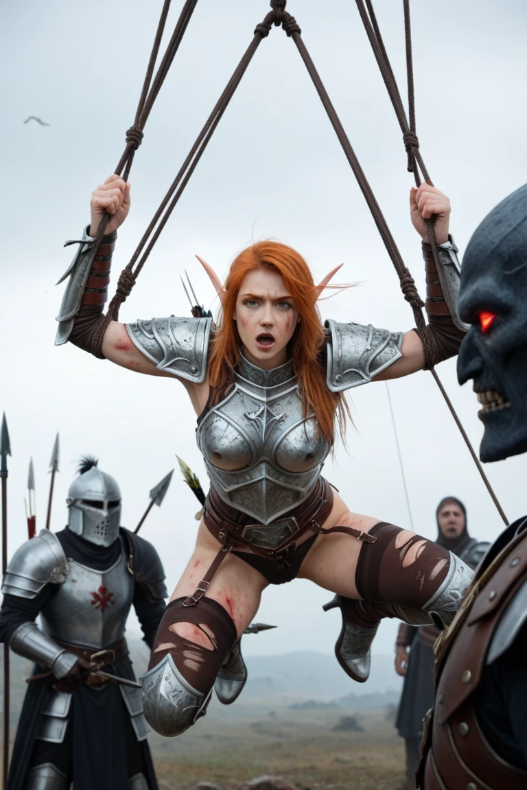 (One Knight Girl)、top-quality、​masterpiece、超A high resolution、(Photorealsitic:1.4)、Raw photo、女の子1人、Fight mutants、（Wear the Dark Knight's Armor）、glowy skin、(((Dark Fantasy)))、With a beautiful sword and shield、（Silver Metal Bodysuit）、(Kobold、ogre、Fierce battle with orcs),（Fight fiercely against aliens）、Fight fiercely、(Background of decaying dungeon ruins)、（Ultimate Beauty）、（Knight's helmet）、(Fighting Demonic Beasts)、(Small LED)、((super realistic details))、portlate、(Strong giant demon beast background),globalillumination、Shadow、octan render、8K、ultrasharp、Colossal tits、Raw skin is exposed in cleavage、metals、Details of complex ornaments、Japan details、highly intricate detail、Realistic light、(Mystical expression),CGSoation Trends、Red Eyes、radiant eyes、Facing the camera、mechanical cervical attaching to neck、(Wires and cables connecting to the head)、Gundam、Small LED、,Mechanical thighs、Toostock、（Hands are also made of machines）、（Attack of the Monster Beasts）、（Wounded in a deadly battle）、
