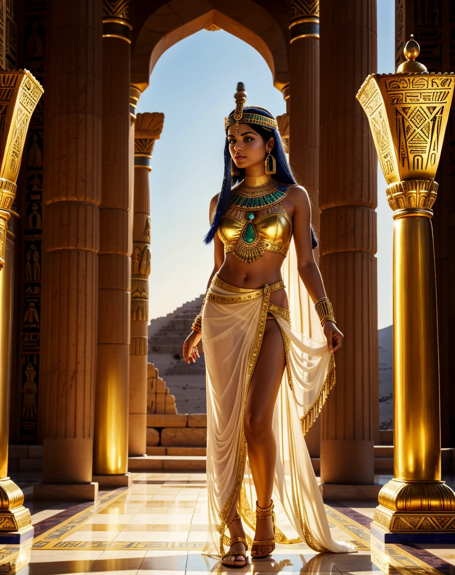 a beautiful woman in ancient egyptian style, detailed face with intense eyes, lush dark hair, ornate gold headdress and jewelry, flowing dress, standing in front of ancient temple ruins, dramatic lighting, highly detailed, photorealistic, cinematic, masterpiece