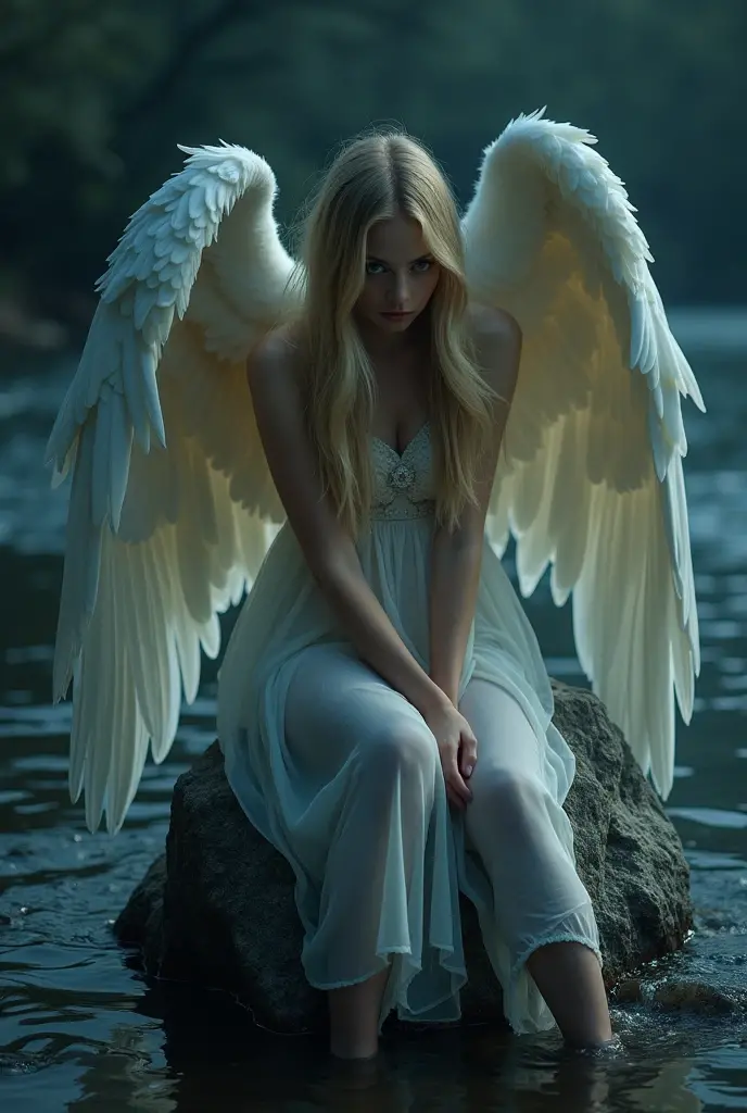 A captivating hiperealistic gothic atmosphere featuring a beautiful white angel with very imposing wings closed over her head, long straight blonde hairs and very long legs. Her strikingly clear eyes and gorgeous lips reflect an ethereal quality as she sits on a rugged rock by a serene river, the long veils of his dress falling from his long legs until he dives into the water carried by the current. (((The scene is illuminated solely by the soft glow of her iPhone))), casting a mystical light that highlights her delicate features and the surrounding dark, moody landscape. The river glimmers subtly in the background, enhancing the enchanting yet melancholic