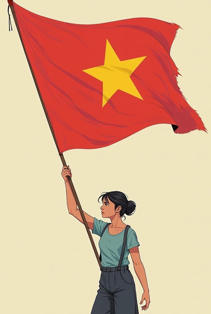 A female Vietnamese soldier wearing a Vietnamese uniform holding up the Vietnamese flag.
Simple 2D drawing style.
