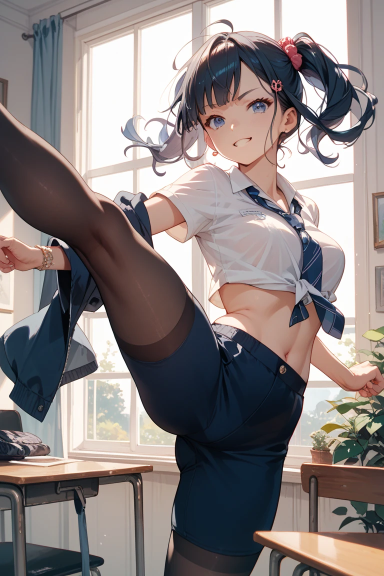 masterpiece, best quality, ultra detailed, ultra high resolution, very detailed face, solo, anime, girl, black short hair, ponytail, ((wearing a school uniform, blouse, pleated skirt, pantie)), (((high kick action))), ((exposing a six pack abs)), (((small breast))), in the factory, little angry, ((close mouth)),