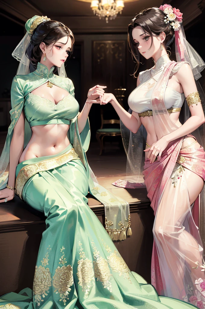perfect bodies，Large breasts，Lace clothes，Slim physique，full bodyesbian，
(Smiling:0.8) （The two kissed）
(Photo photogenic HDR sharp focus, Intricate details, Three-point composition, degrees of freedom, 8K ，)