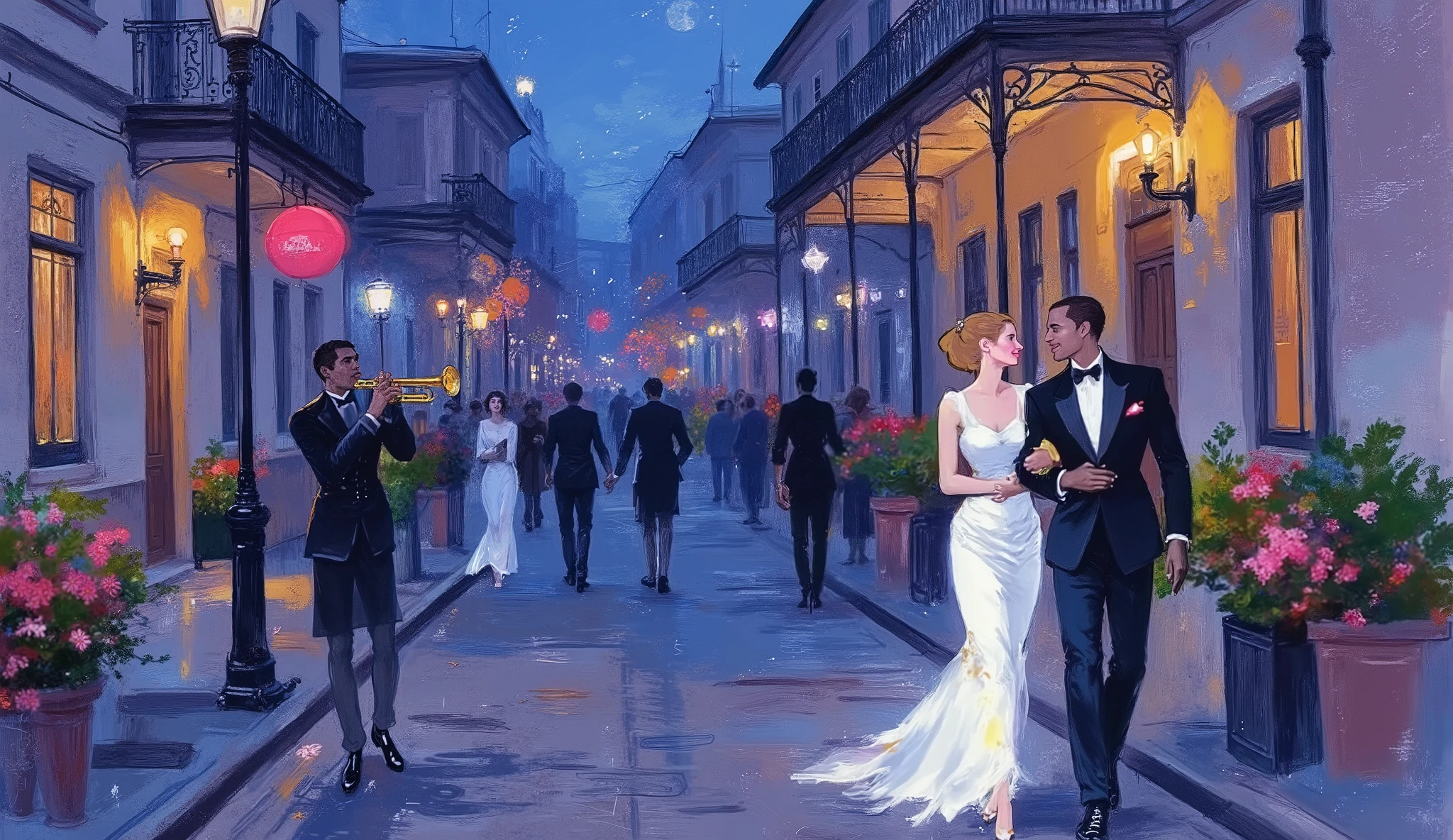 illustration, a couple walking in historic new orleans street, a black man plays trumpet near a street lamp, night, color palette:
Lapis Lazuli, Oxford Blue, Turquoise, Raw Sienna, Brown (Crayola), capture the happiness, the music and the atmosphere from new orleans in that time, fashion, historic, illustration. UV blacklight, volumetric light.