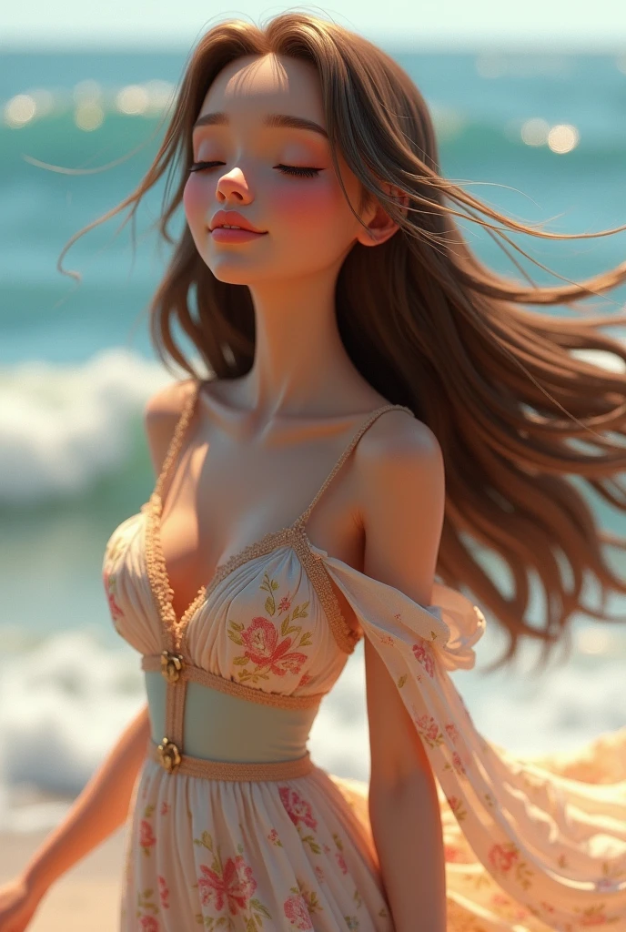 Animated classic Ethereal woman in curly long black hair with bow clip, wearing off shoulder ethereal embroidered dress while sipping iced coffee and writing in a diary in the beach