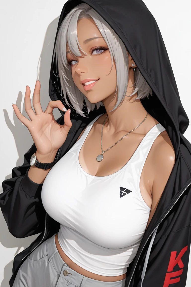 masterpiece, 8k, Award-winning photo, photoRealistic, Realistic, Super detailed, Ultra-high resolution, Ray Trakun, 
_
The most beautiful, 2 ,(sexy,Japanese Idols, Gray Hair, short hair),Glowing Skin , Detailed skin , Detailed face , Detailed eyes ,
_
I can see her cleavage, 
_
break (Droopy eyes, Natural Makeup,Big smile, shining teeth 1.2),Light-coloured, medium-sized chest, 
_
Sparkling blue eyes, Sunburn,
_
break (Black and White Theme:1.4), (Wear (Extra Large, Big Size, black sweat long sweatshirt,long sweat:1.3),(Zipper Dresses), (Geometric print:1.2), over a black tank top),(Silver Necklace,Silver earrings),
_
Inorganic concrete studio with windows, Highly detailed background, , ultra-Realistic textures, Dramatic lighting ,RAW Photos, One girl,
_(whole body,From below), View your viewers,