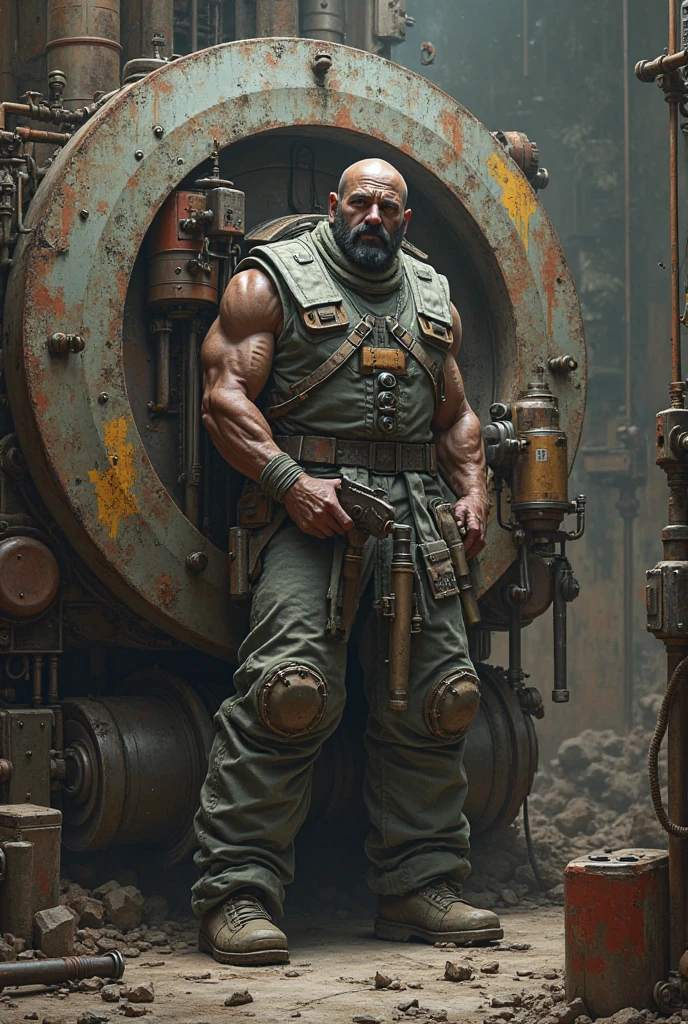 An old but large and muscular man with cyber punk style mechanical arms